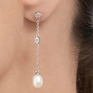 Adornia White Rhodium Plated Swarovski Crystal Freshwater Pearl Drop Earrings
